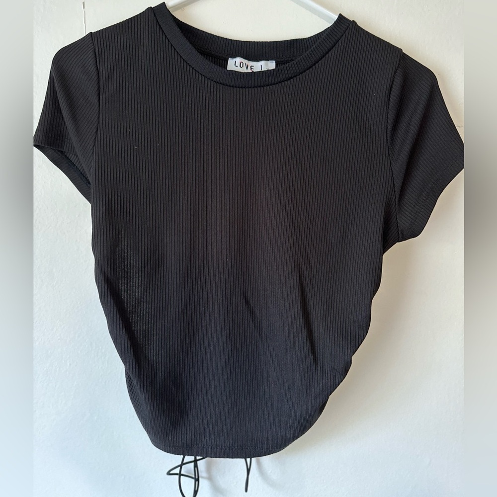 Love J Women's Black Ribbed Open Back Crop Top Size Large